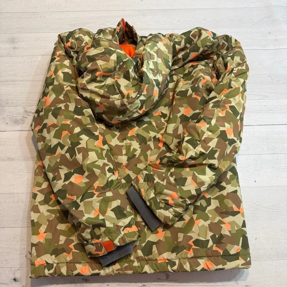 Lands' End kids insulated snow jacket and and snow bibs green orange geo XL14/16